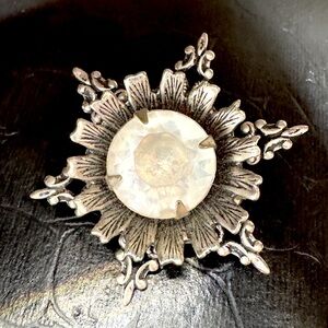 Vintage Oxidized Silver Unique Broach with large clear Crystal in center